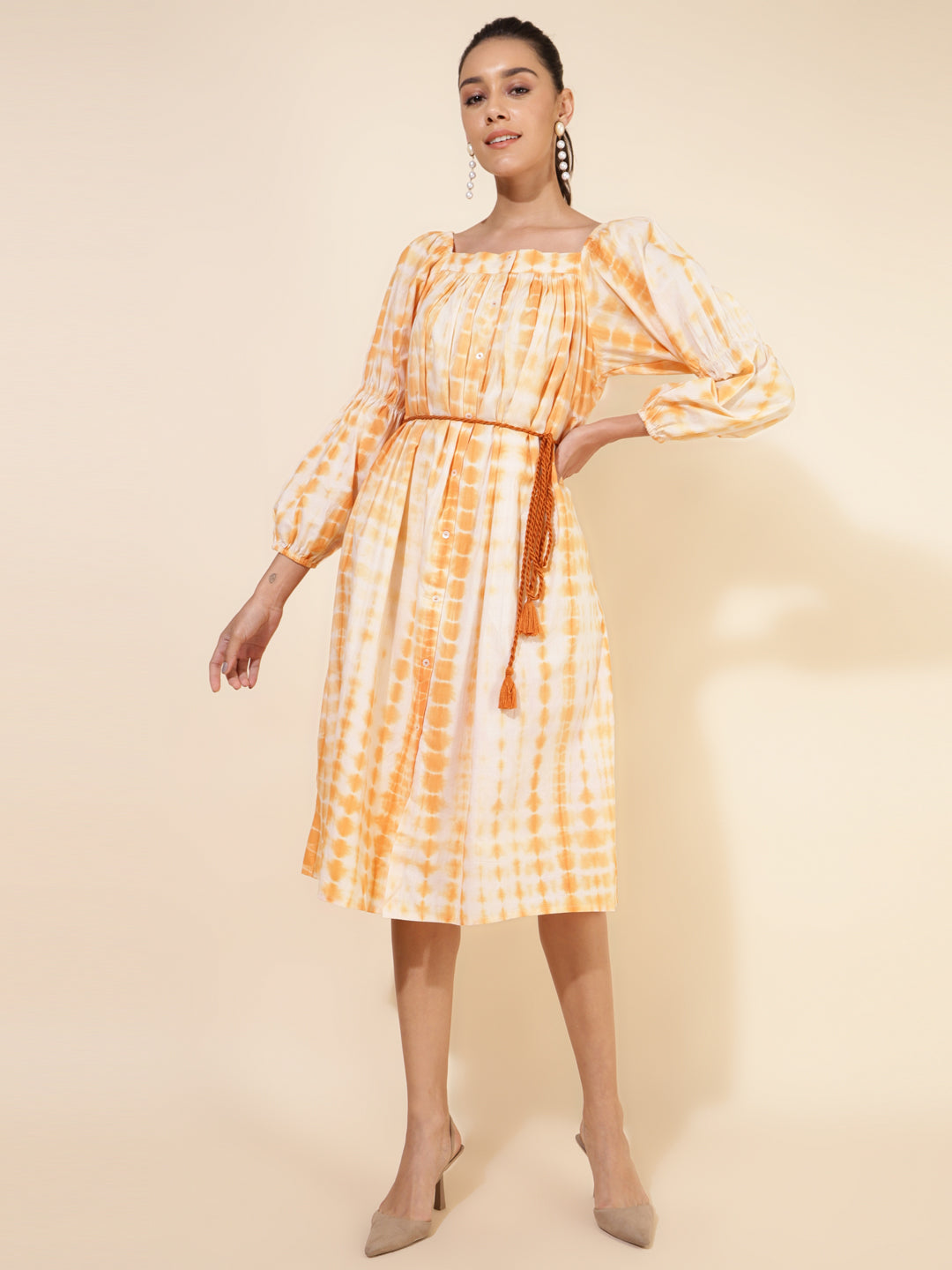 Janasya Women's Off White Cotton Tie Dye Casual Dress | Swadesiicart