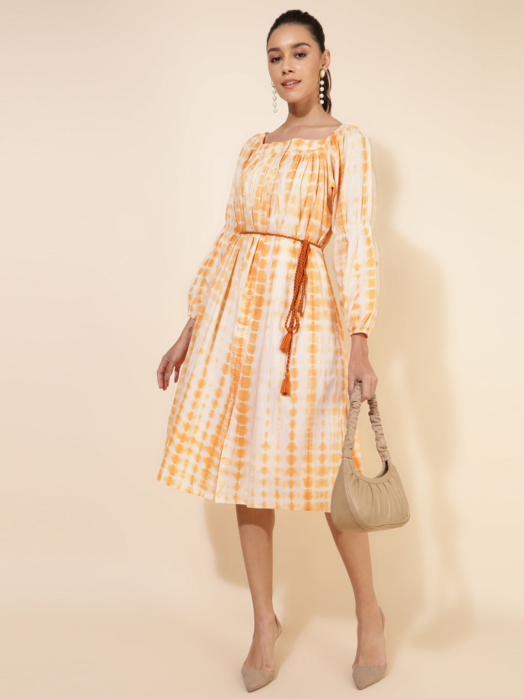 Janasya Women's Off White Cotton Tie Dye Casual Dress | Swadesiicart