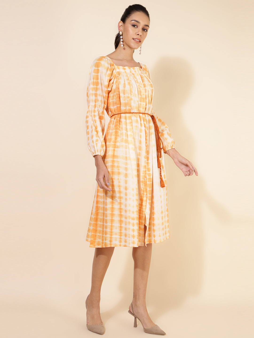 Janasya Women's Off White Cotton Tie Dye Casual Dress | Swadesiicart