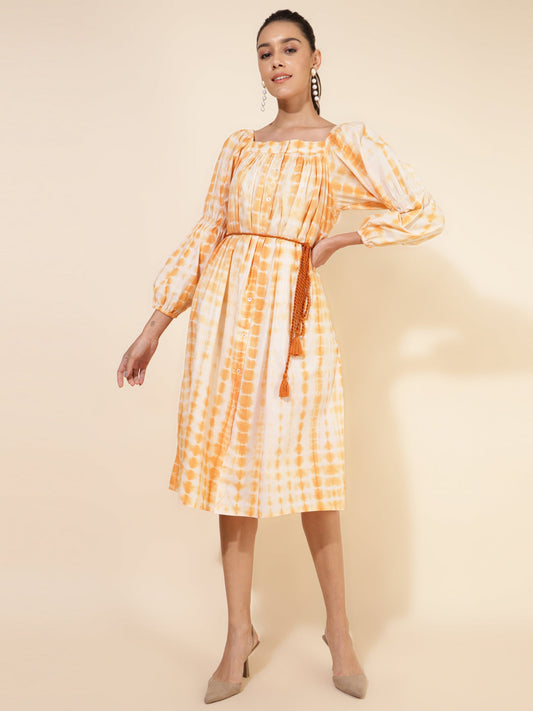 Janasya Women's Off White Cotton Tie Dye Casual Dress | Swadesiicart