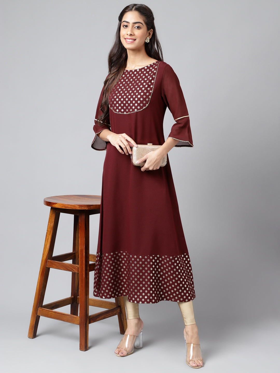 Janasya Women's Wine Crepe Foil Printed Festive A-Line Kurta | Swadesiicart