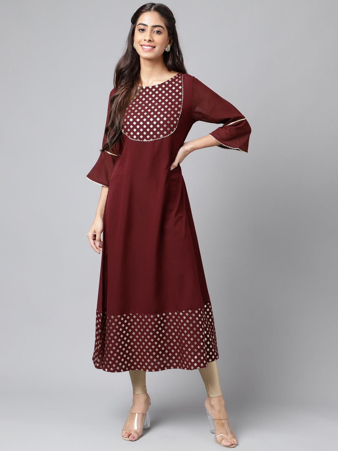 Janasya Women's Wine Crepe Foil Printed Festive A-Line Kurta | Swadesiicart