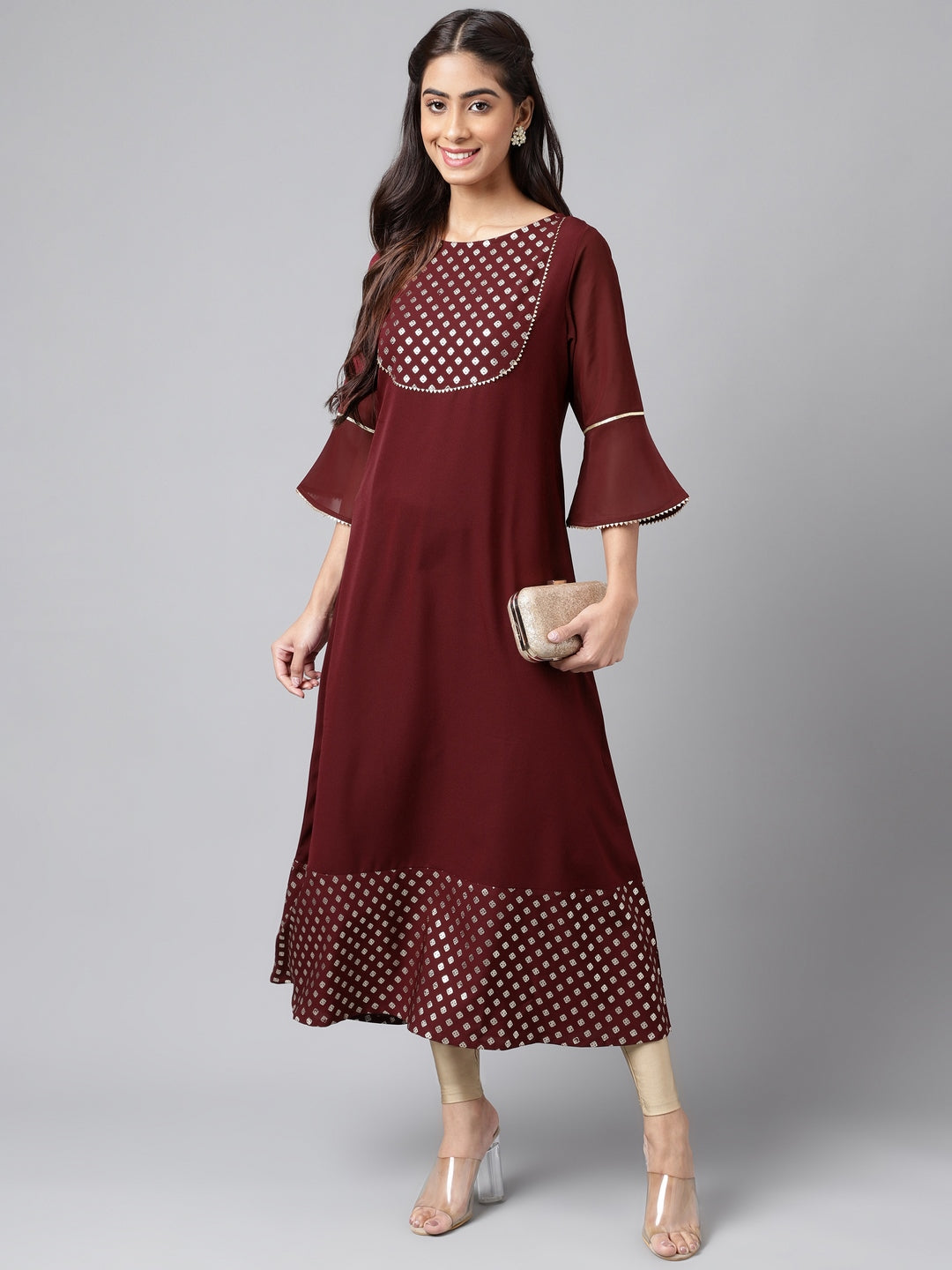 Janasya Women's Wine Crepe Foil Printed Festive A-Line Kurta | Swadesiicart