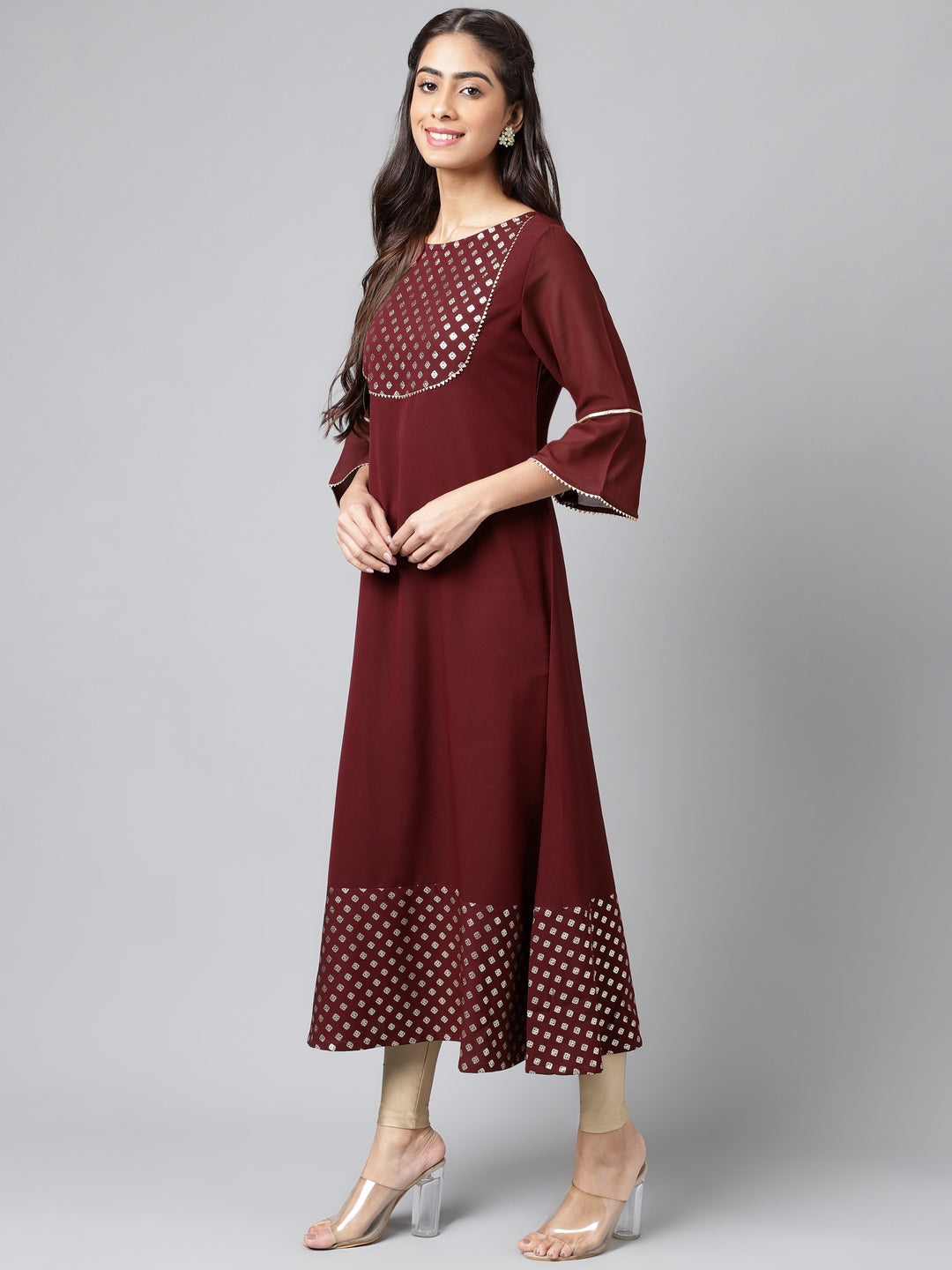 Janasya Women's Wine Crepe Foil Printed Festive A-Line Kurta | Swadesiicart