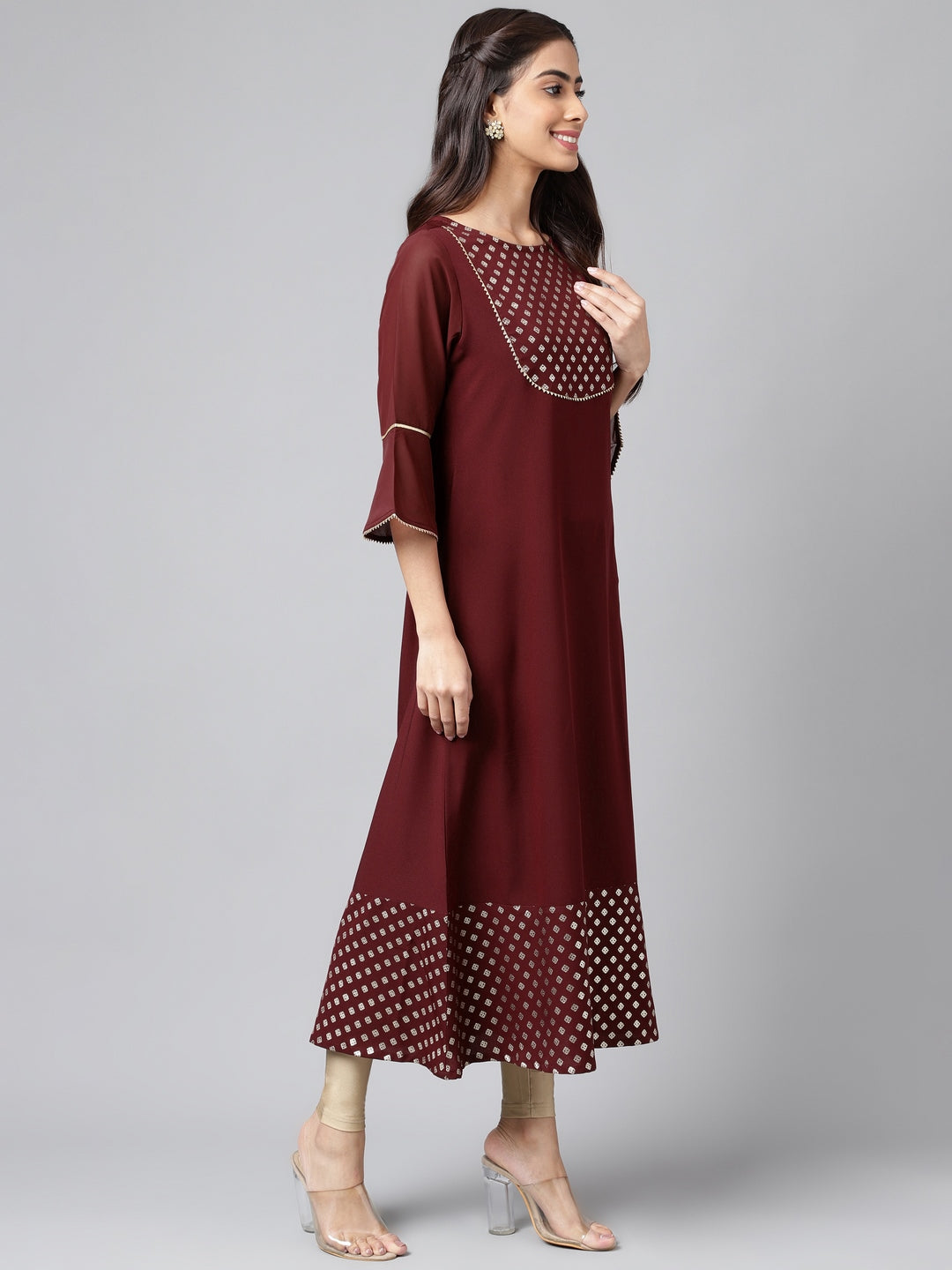 Janasya Women's Wine Crepe Foil Printed Festive A-Line Kurta | Swadesiicart