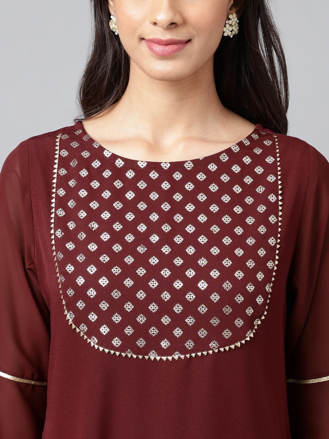 Janasya Women's Wine Crepe Foil Printed Festive A-Line Kurta | Swadesiicart