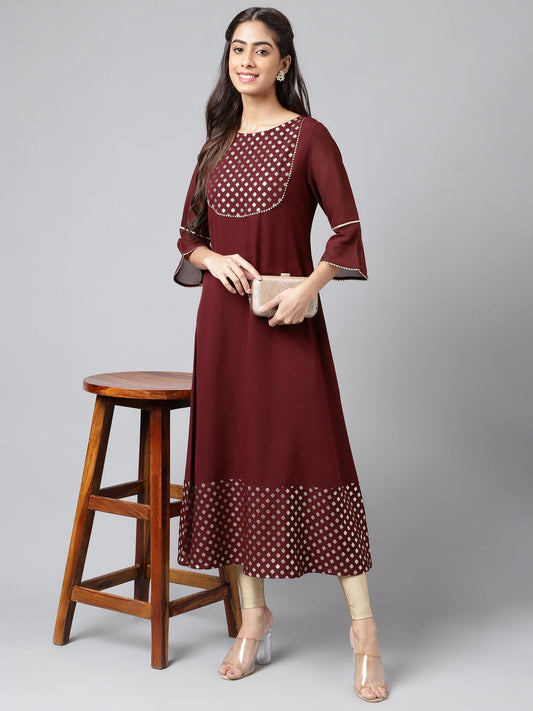 Janasya Women's Wine Crepe Foil Printed Festive A-Line Kurta | Swadesiicart