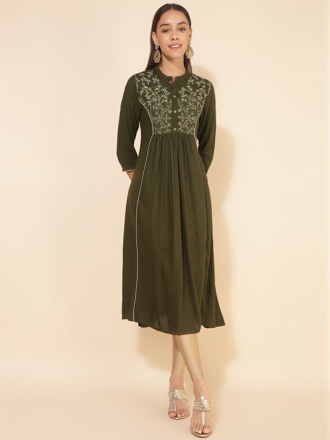 Janasya Olive Rayon Yoke Embroidered Casual Kurta | Swadesiicart
