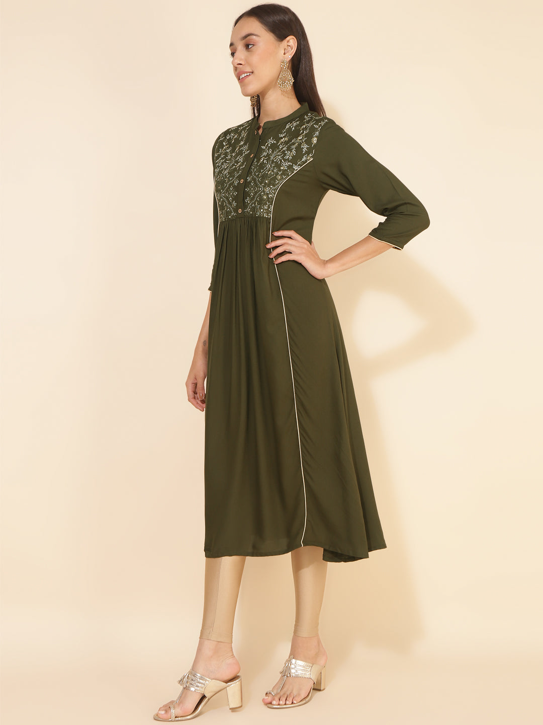 Janasya Olive Rayon Yoke Embroidered Casual Kurta | Swadesiicart