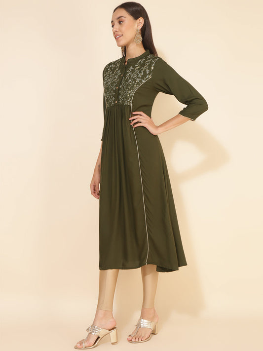 Janasya Olive Rayon Yoke Embroidered Casual Kurta | Swadesiicart