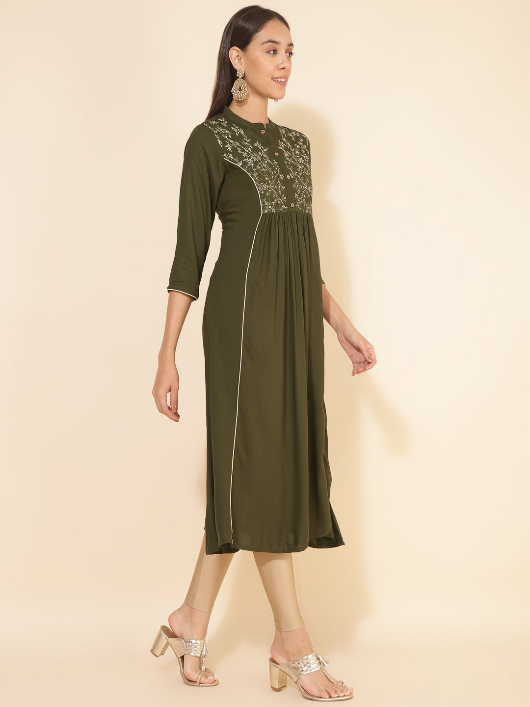 Janasya Olive Rayon Yoke Embroidered Casual Kurta | Swadesiicart