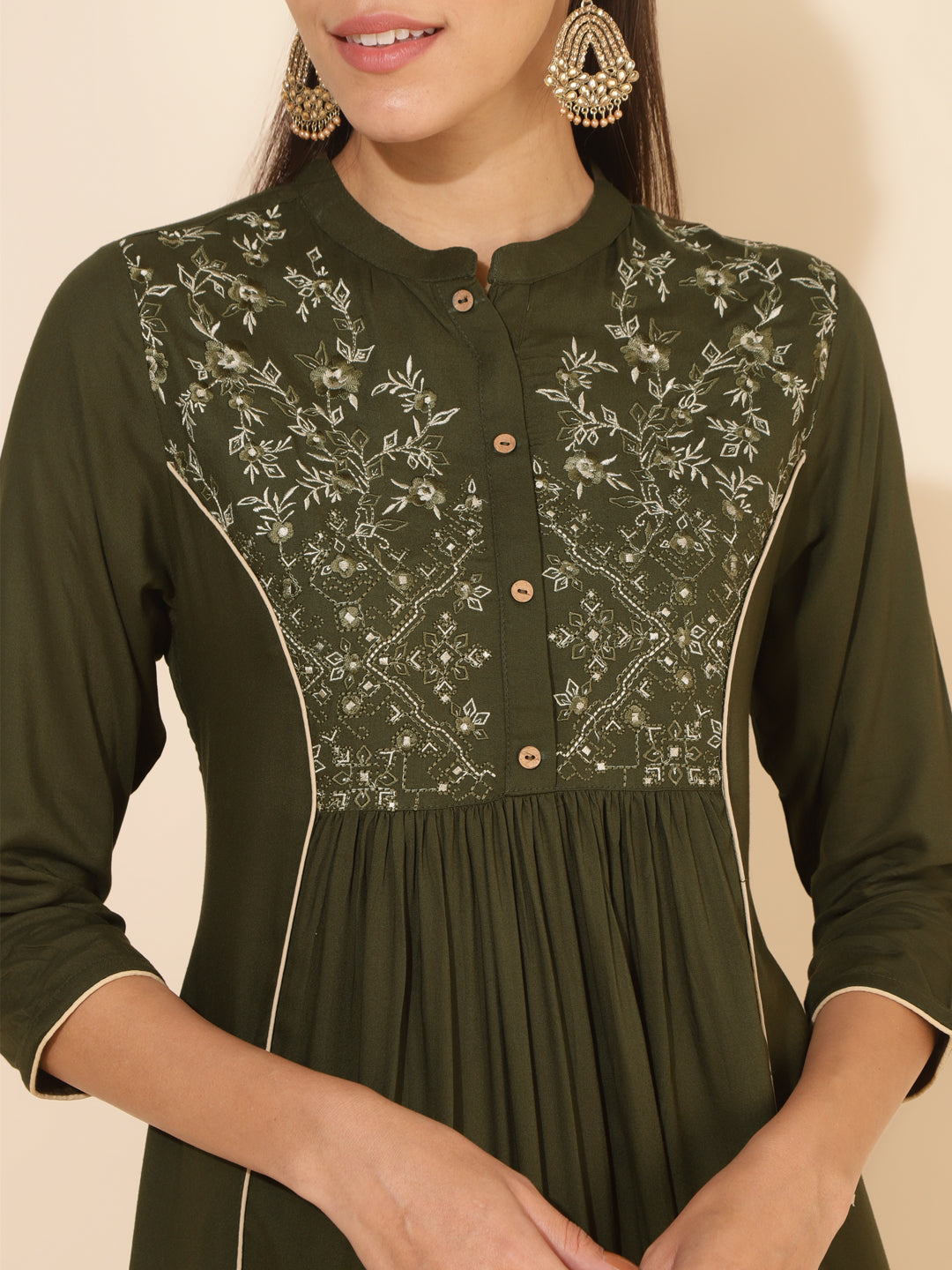 Janasya Olive Rayon Yoke Embroidered Casual Kurta | Swadesiicart