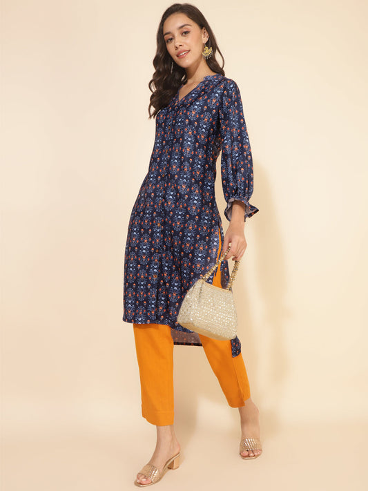 Janasya Dark Blue Moss Digital Printed Casual Kurta - Swadesiicart