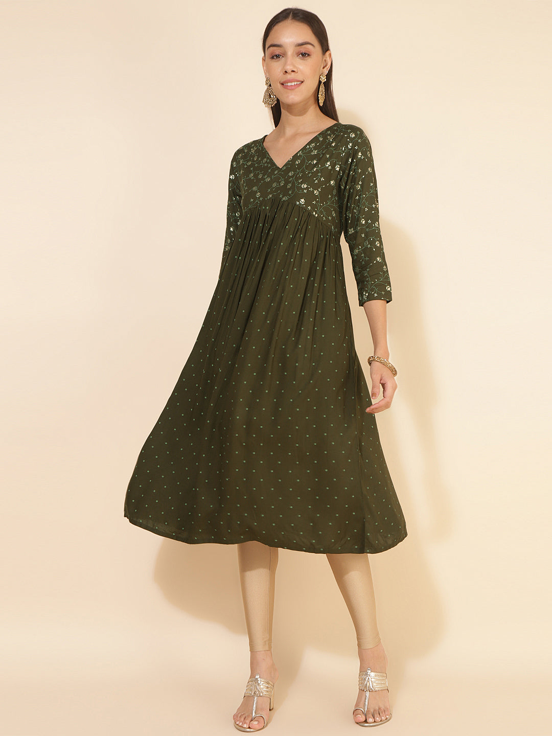 Janasya Olive Rayon Yoke Foil Printed Festive Kurta | Swadesiicart