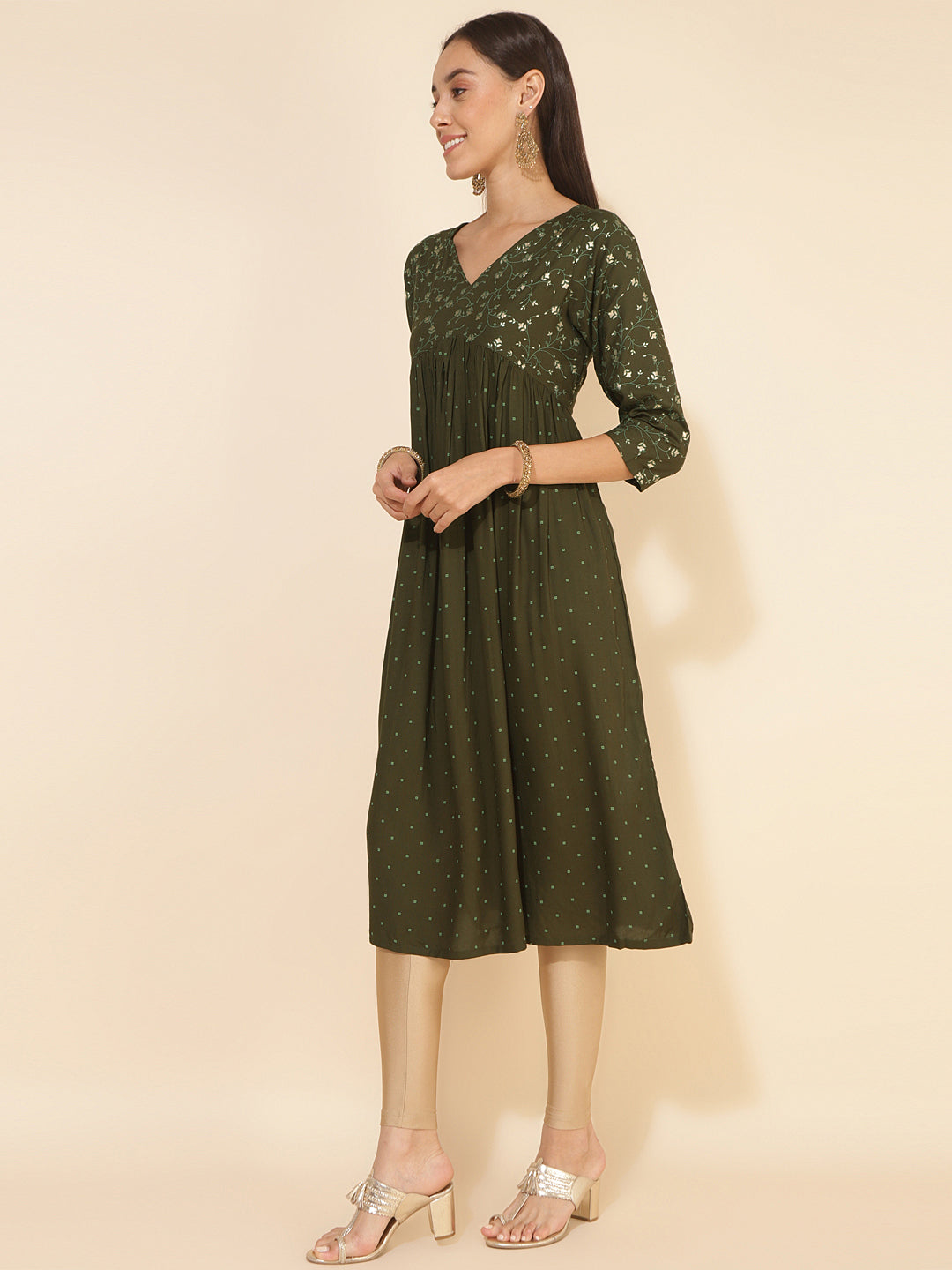 Janasya Olive Rayon Yoke Foil Printed Festive Kurta | Swadesiicart