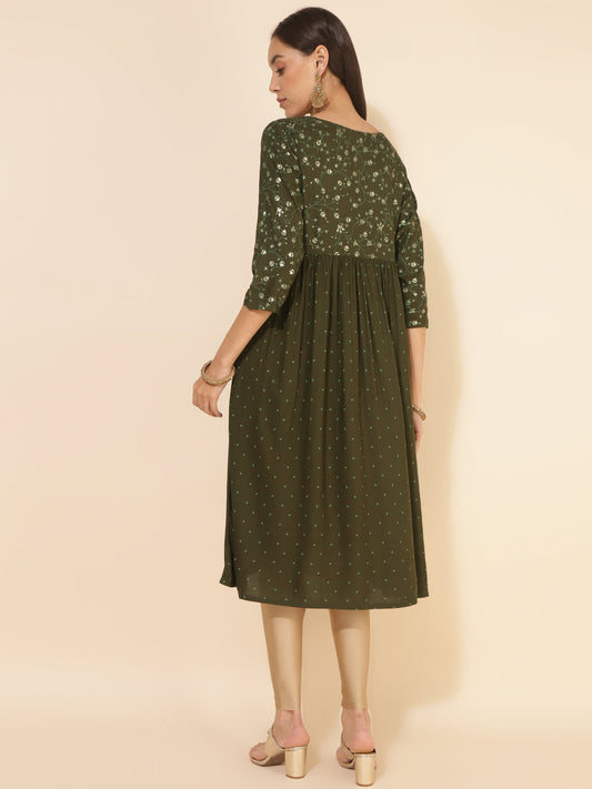 Janasya Olive Rayon Yoke Foil Printed Festive Kurta | Swadesiicart