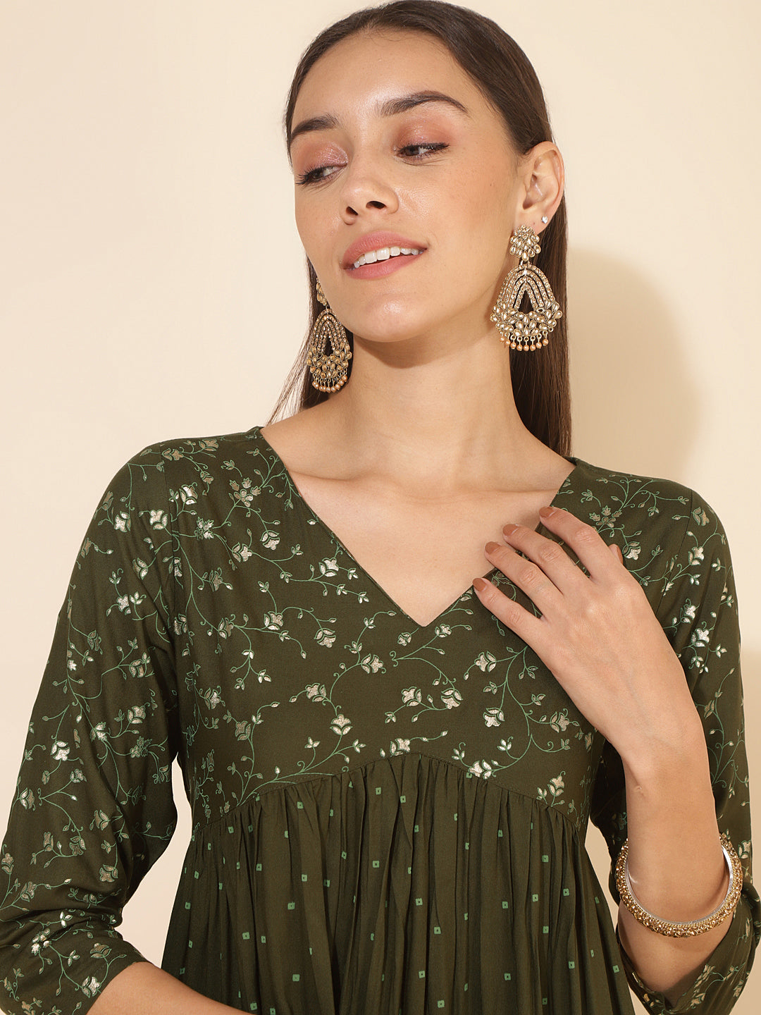 Janasya Olive Rayon Yoke Foil Printed Festive Kurta | Swadesiicart