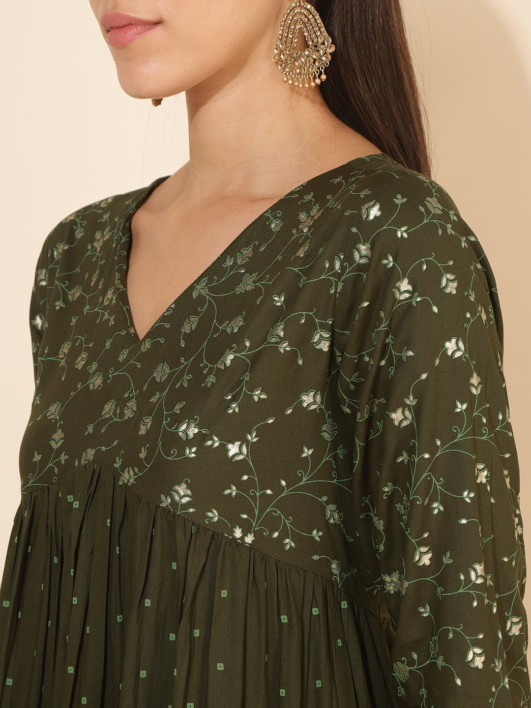 Janasya Olive Rayon Yoke Foil Printed Festive Kurta | Swadesiicart