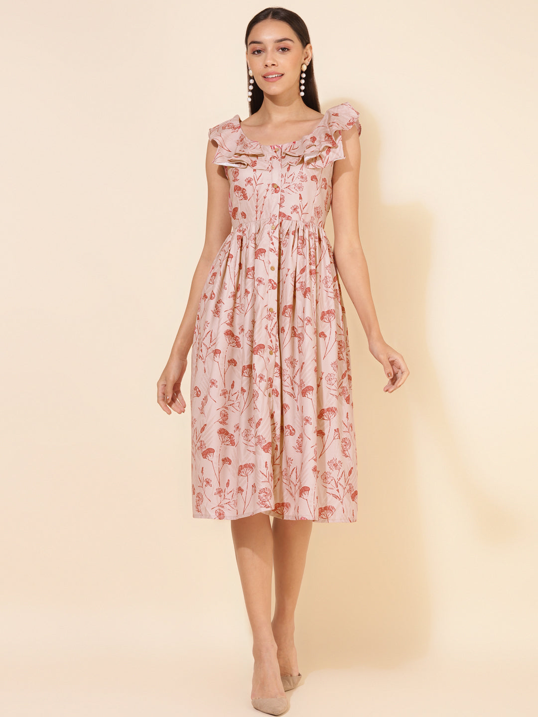 Janasya Women's Beige Moss Digital Floral Printed Casual Dress | Swadesiicart