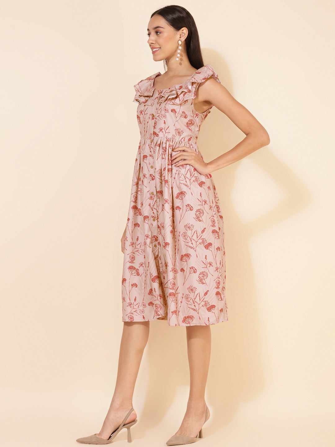 Janasya Women's Beige Moss Digital Floral Printed Casual Dress | Swadesiicart