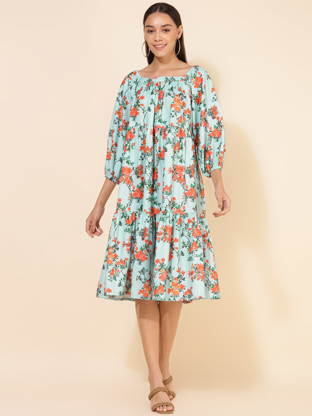 Janasya Women's Sea Green Moss Digital Floral Printed Casual Dress | Swadesiicart