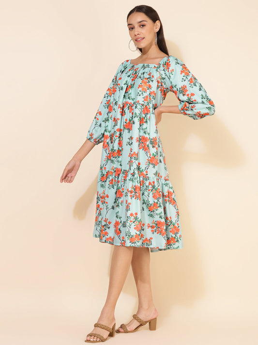Janasya Women's Sea Green Moss Digital Floral Printed Casual Dress | Swadesiicart