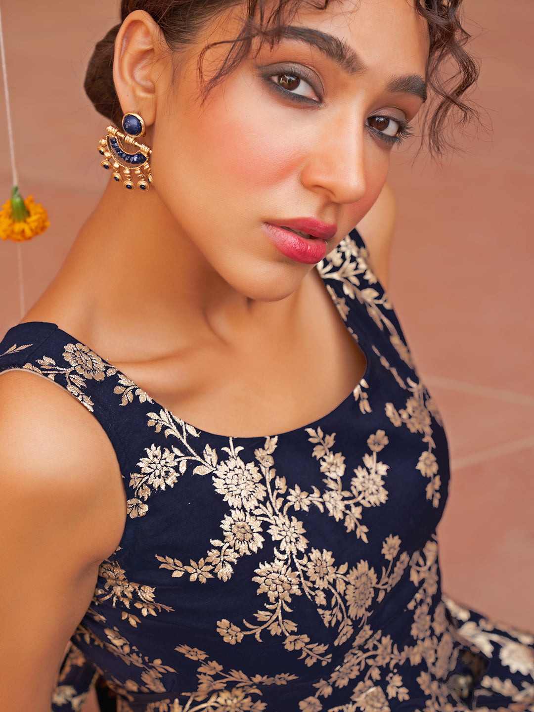 Janasya Women's Navy Blue Brocade Woven Design Casual Dress | Swadesiicart