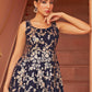 Janasya Women's Navy Blue Brocade Woven Design Casual Dress | Swadesiicart
