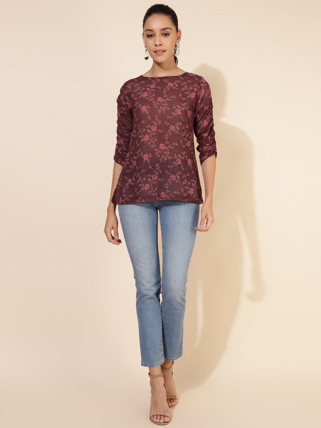 Janasya Women's Brown Georgette Floral Printed Casual Top | Swadesiicart
