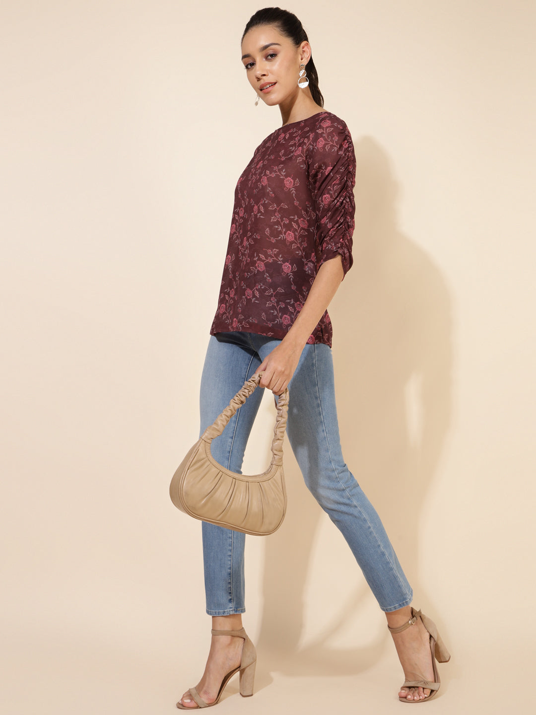 Janasya Women's Brown Georgette Floral Printed Casual Top | Swadesiicart