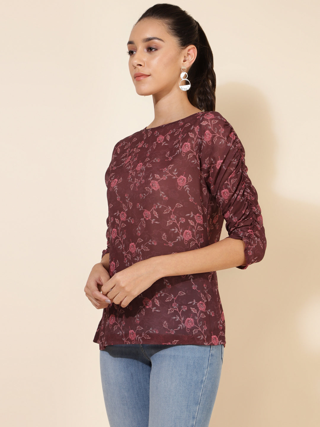 Janasya Women's Brown Georgette Floral Printed Casual Top | Swadesiicart