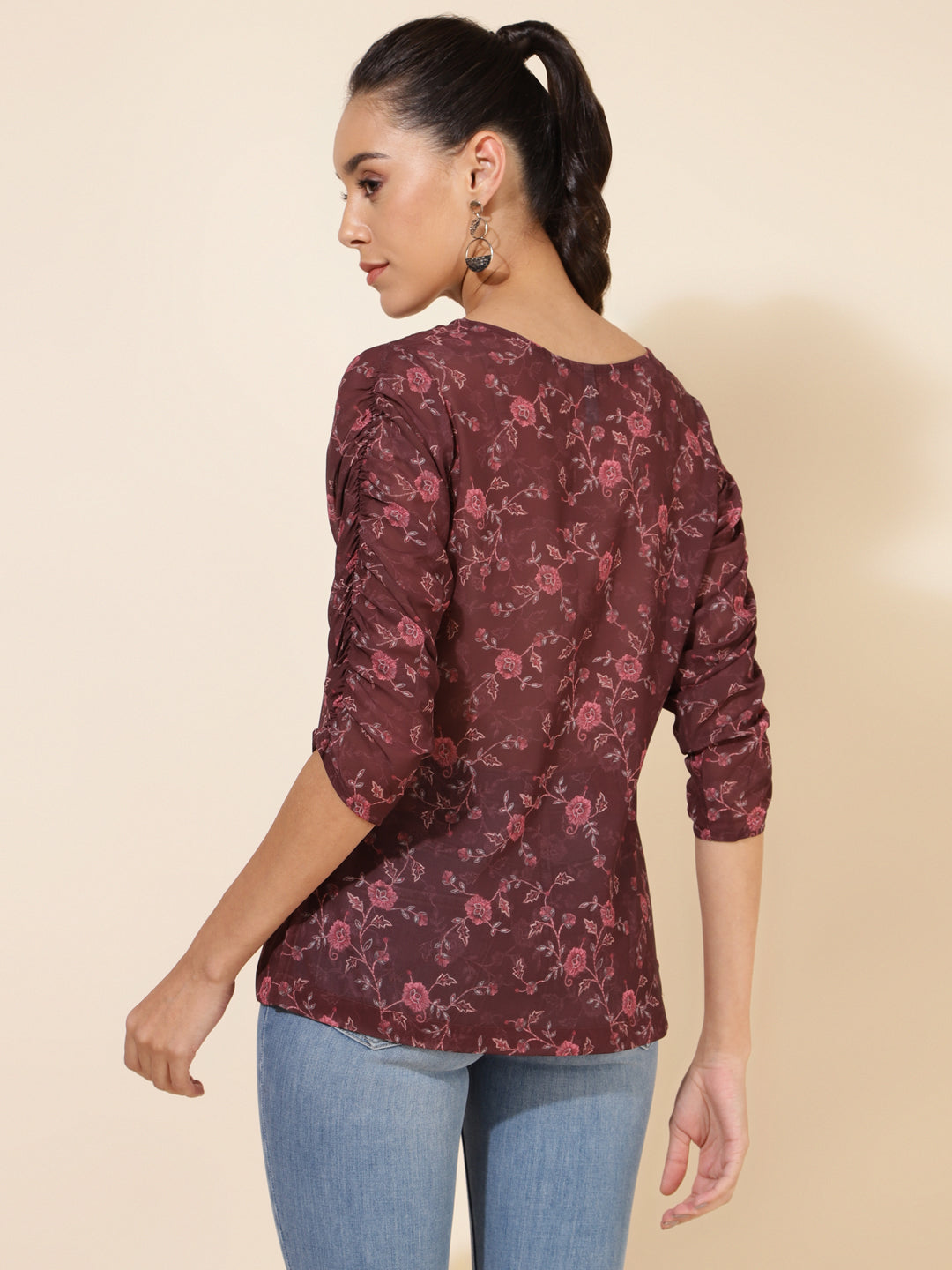 Janasya Women's Brown Georgette Floral Printed Casual Top | Swadesiicart