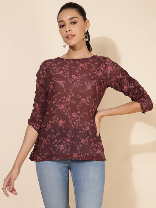 Janasya Women's Brown Georgette Floral Printed Casual Top | Swadesiicart