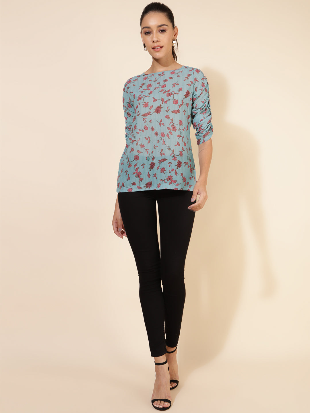 Janasya Women's Mint Green Georgette Floral Printed Casual Top | Swadesiicart