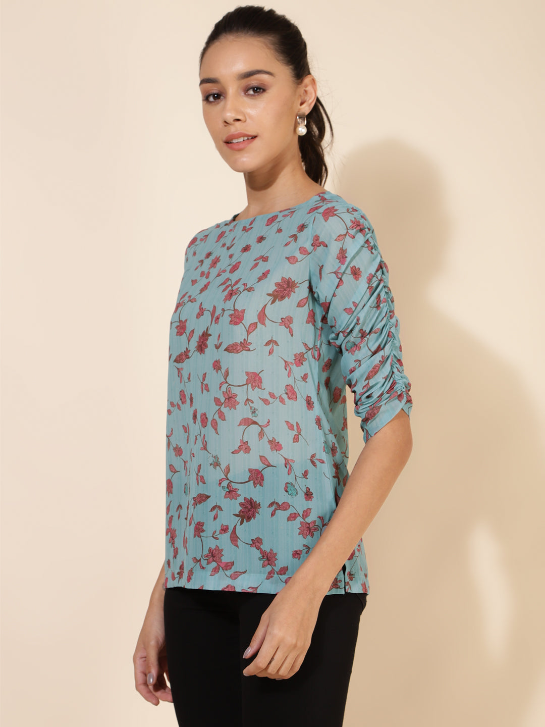 Janasya Women's Mint Green Georgette Floral Printed Casual Top | Swadesiicart