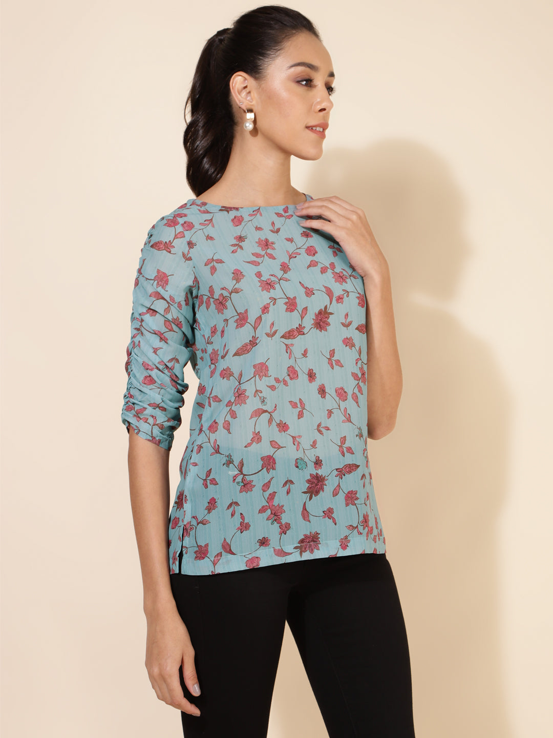 Janasya Women's Mint Green Georgette Floral Printed Casual Top | Swadesiicart