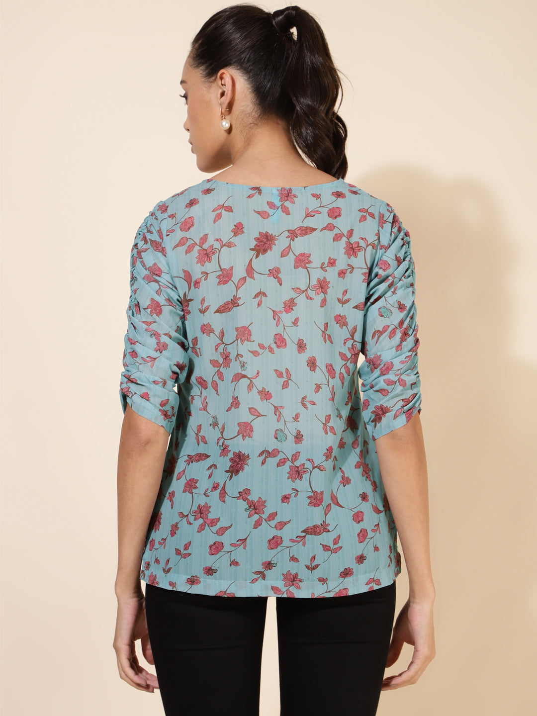 Janasya Women's Mint Green Georgette Floral Printed Casual Top | Swadesiicart