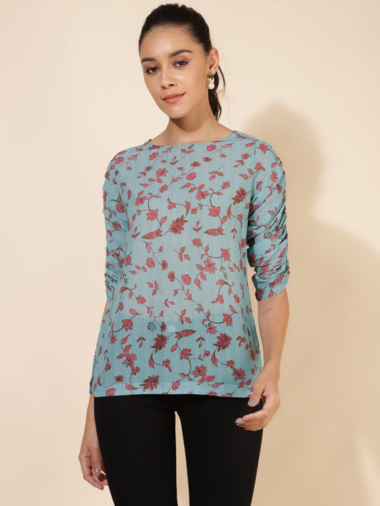 Janasya Women's Mint Green Georgette Floral Printed Casual Top | Swadesiicart