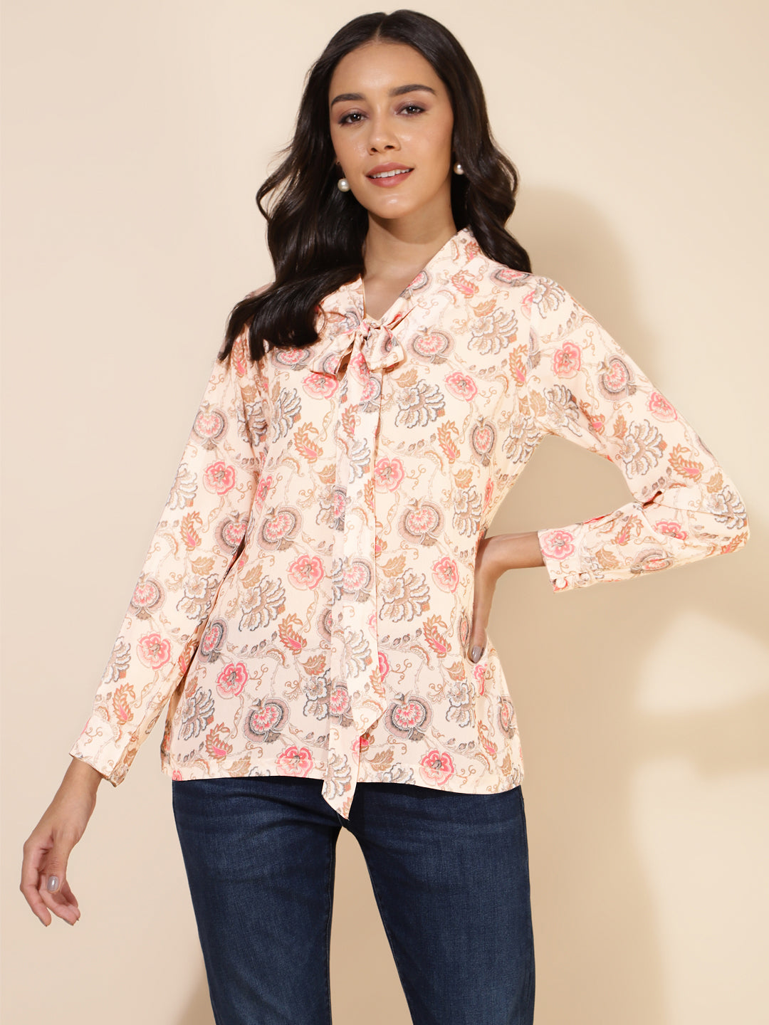 Janasya Women's Peach Georgette Floral Print Casual Top | Swadesiicart