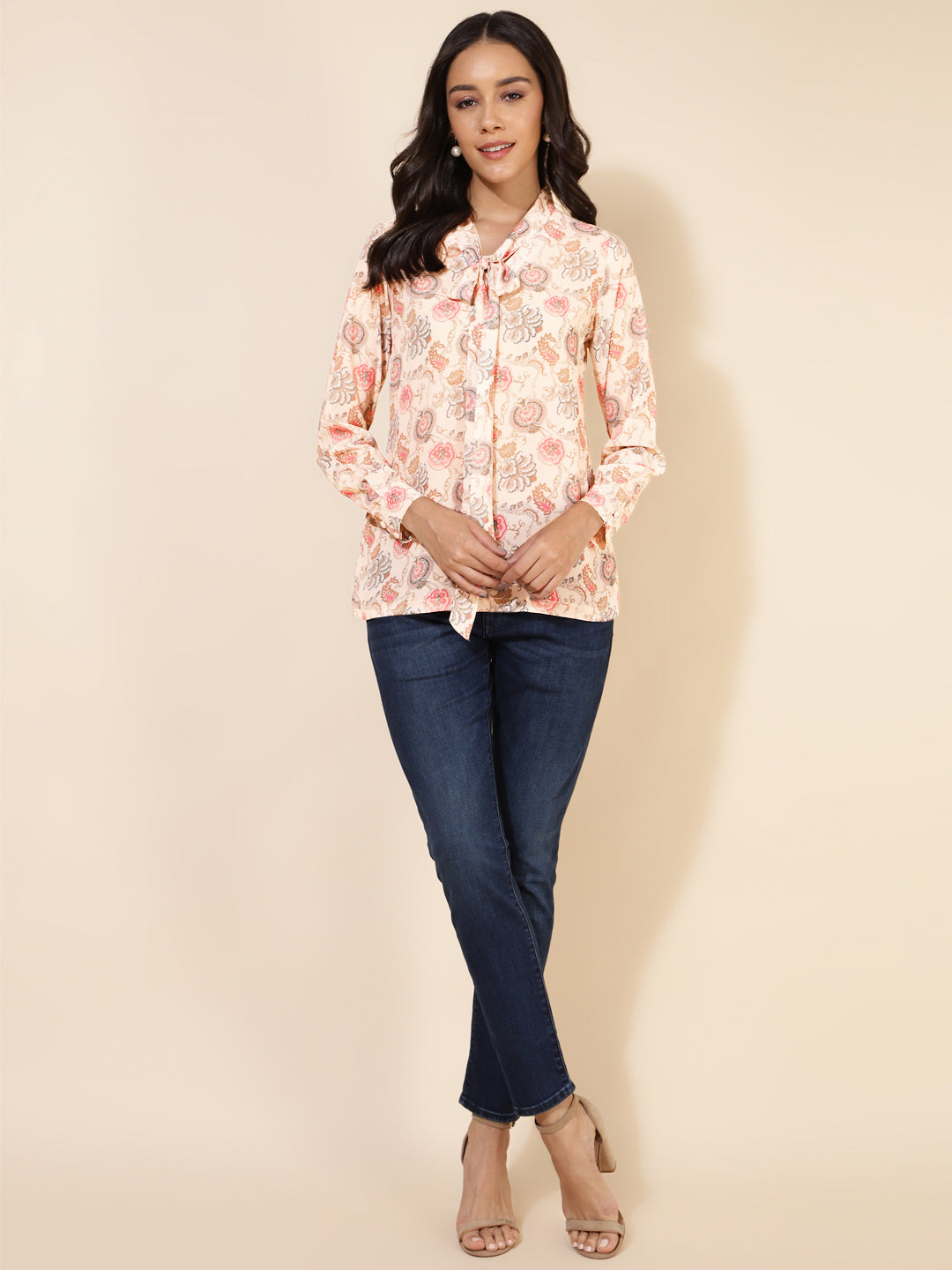 Janasya Women's Peach Georgette Floral Print Casual Top | Swadesiicart