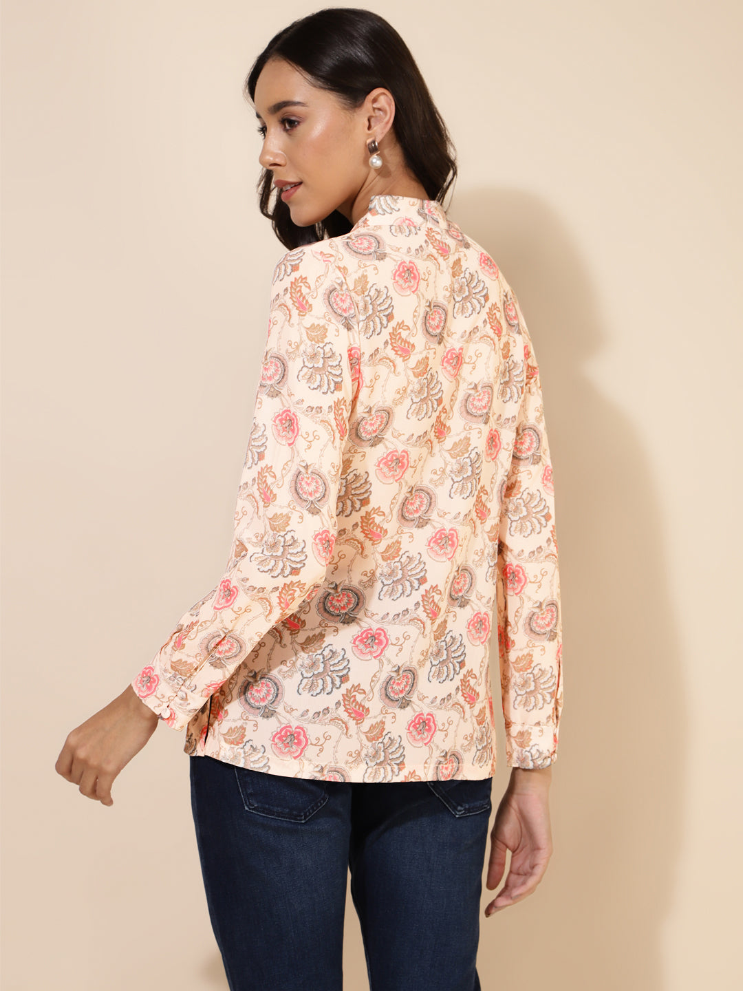 Janasya Women's Peach Georgette Floral Print Casual Top | Swadesiicart