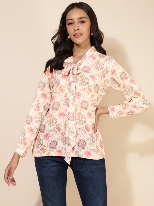 Janasya Women's Peach Georgette Floral Print Casual Top | Swadesiicart