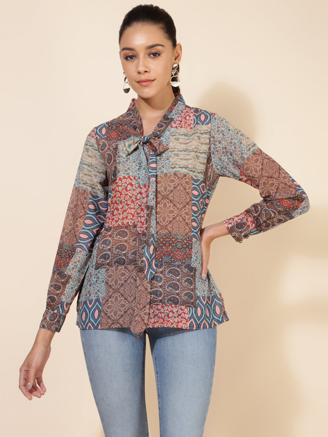 Janasya Women's Multicolor Georgette Ethnic Motifs Casual Top | Swadesiicart