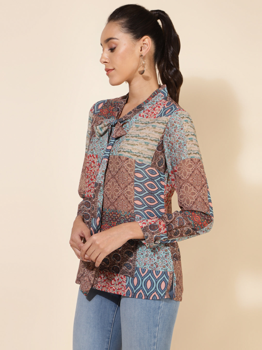 Janasya Women's Multicolor Georgette Ethnic Motifs Casual Top | Swadesiicart