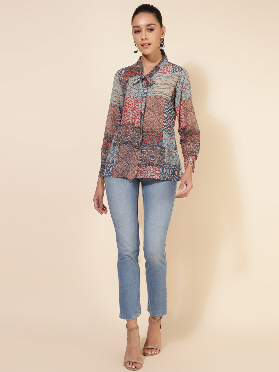 Janasya Women's Multicolor Georgette Ethnic Motifs Casual Top | Swadesiicart