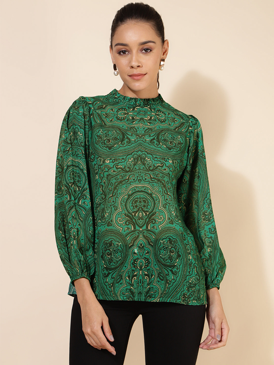 Janasya Women's Green Georgette Digital Printed Casual Top | Swadesiicart