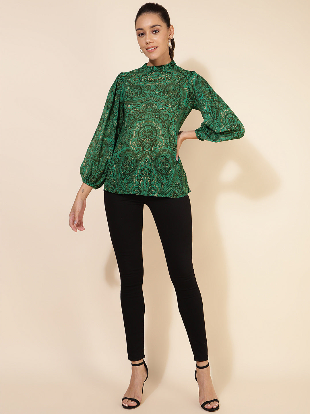 Janasya Women's Green Georgette Digital Printed Casual Top | Swadesiicart