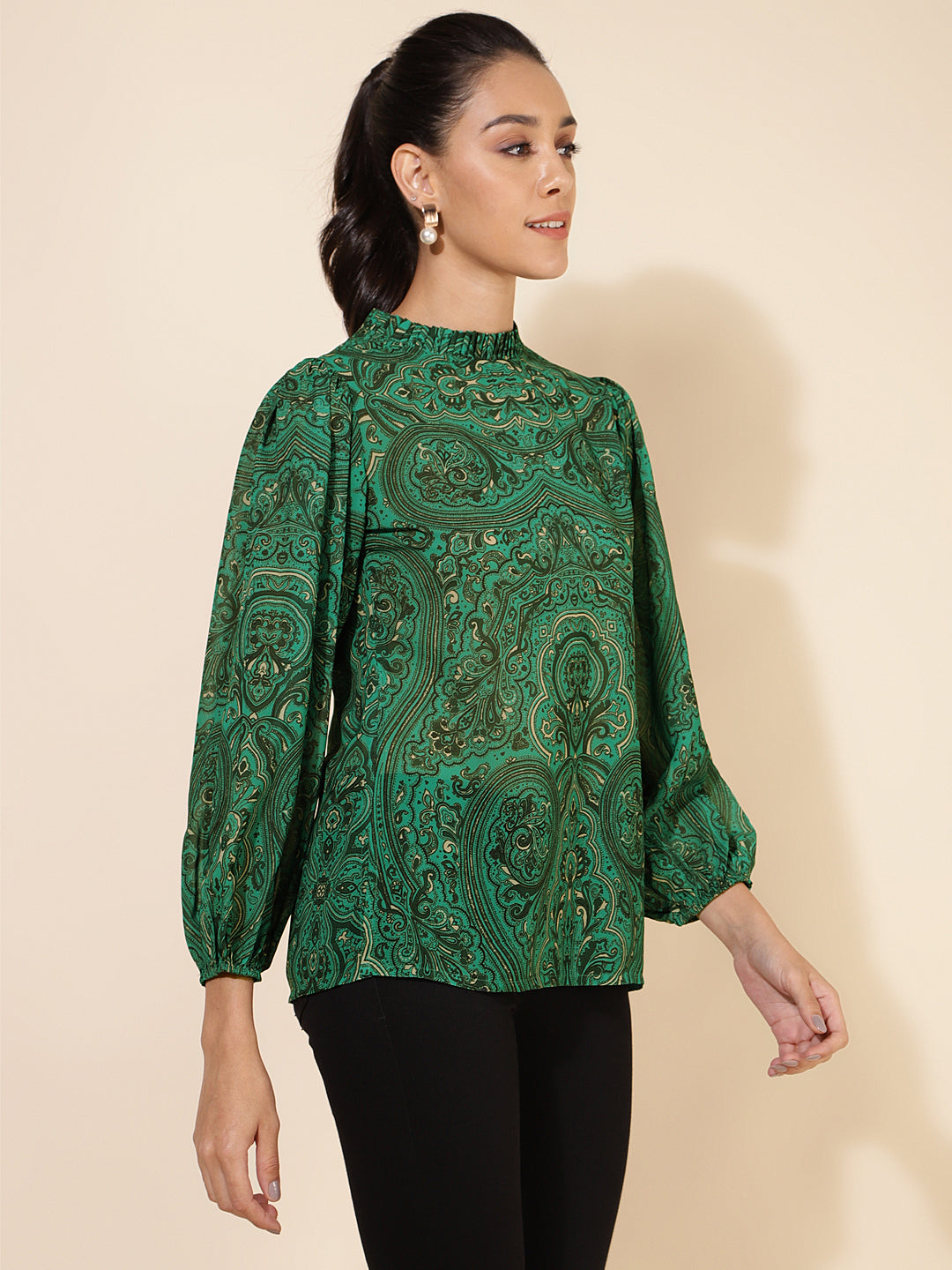 Janasya Women's Green Georgette Digital Printed Casual Top | Swadesiicart