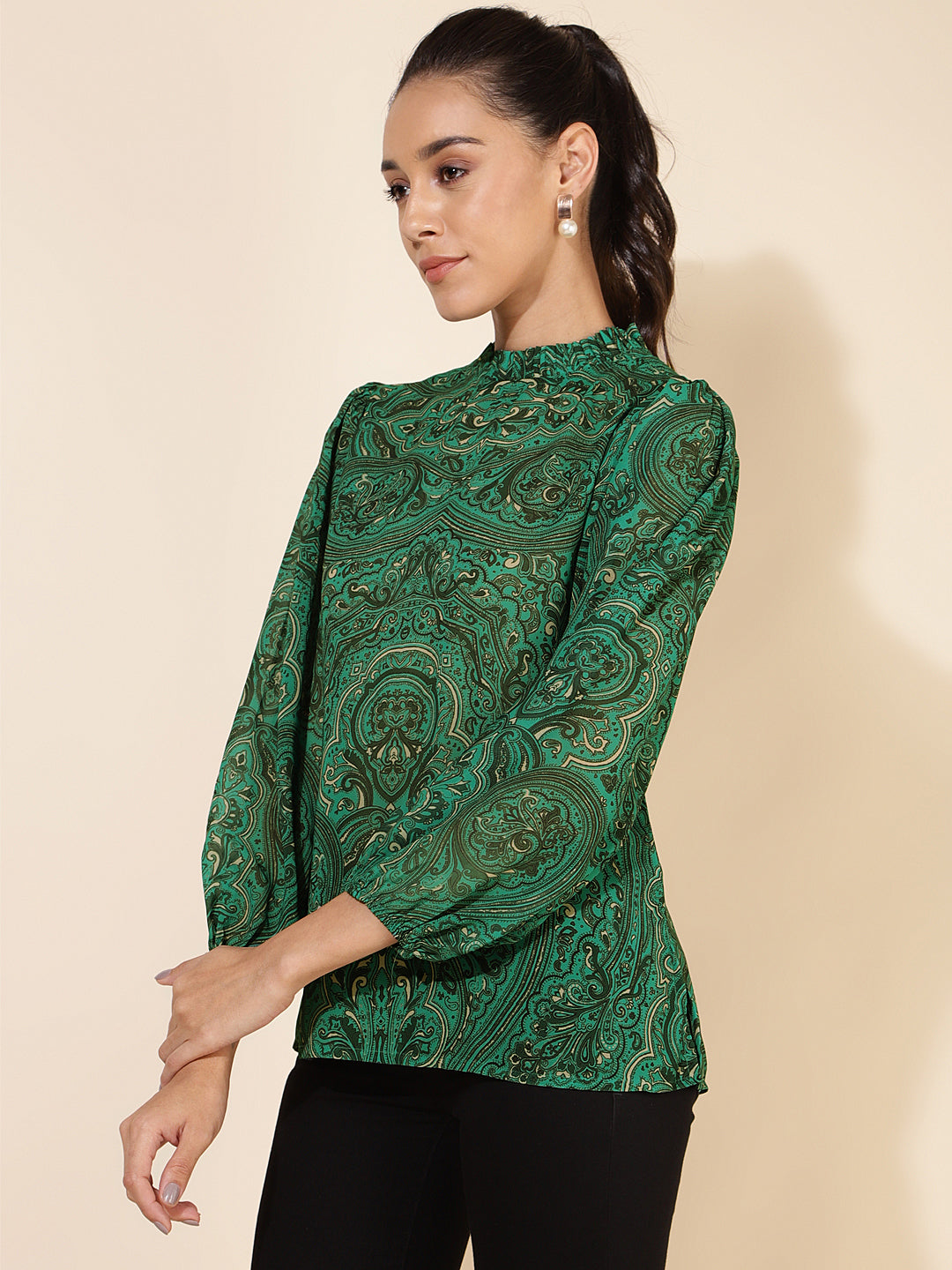Janasya Women's Green Georgette Digital Printed Casual Top | Swadesiicart