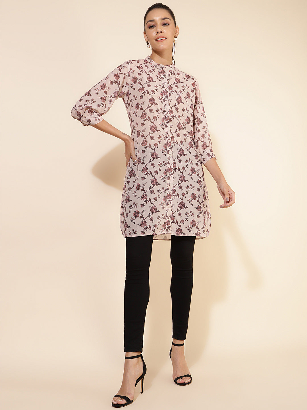 Janasya Women's Beige Georgette Floral Printed Casual Tunic | Swadesiicart